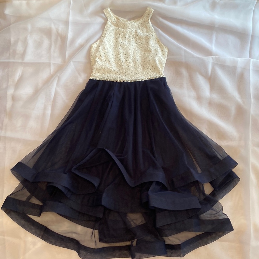 Speechless Junior dress size 12.  White with silver bling and dark blue.